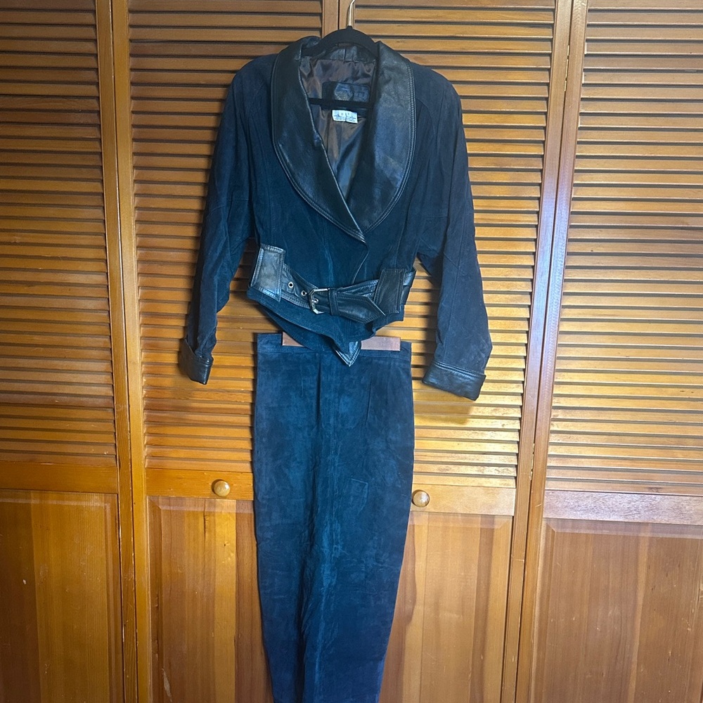 Teal Suede Two-Piece Jacket and Skirt Set